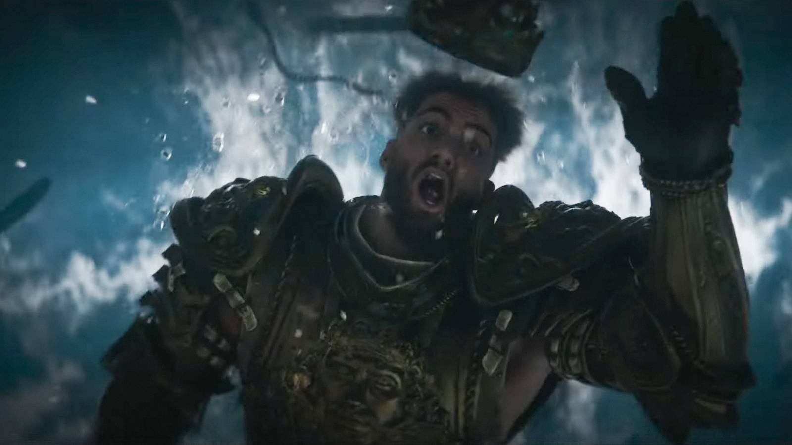 Screenshot from the New World episode of Secret Level showing the main character falling while a crown falls off his head.