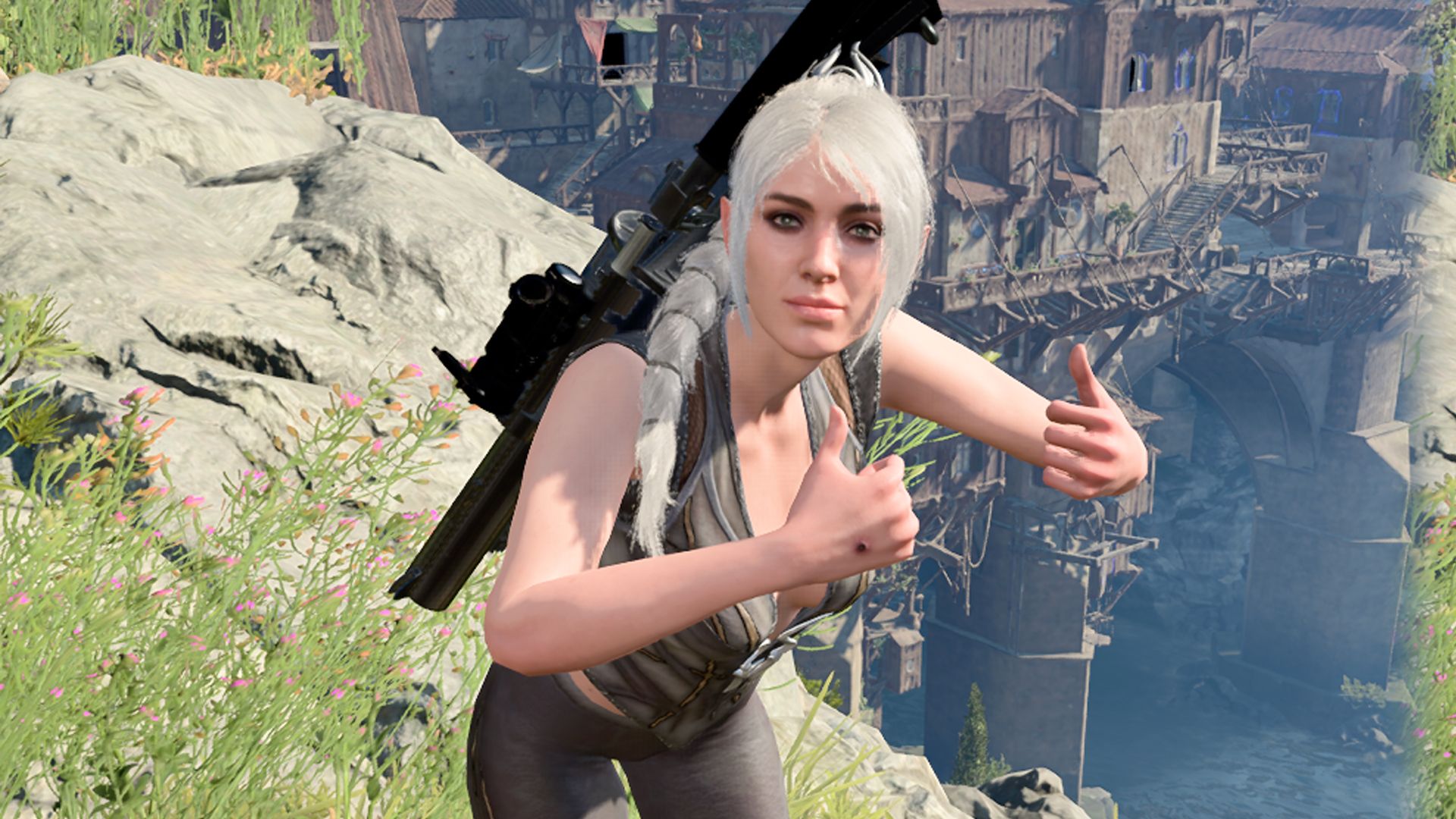 Shadowheart em Baldur's Gate 3 posando com um lança-granadas nas costas.