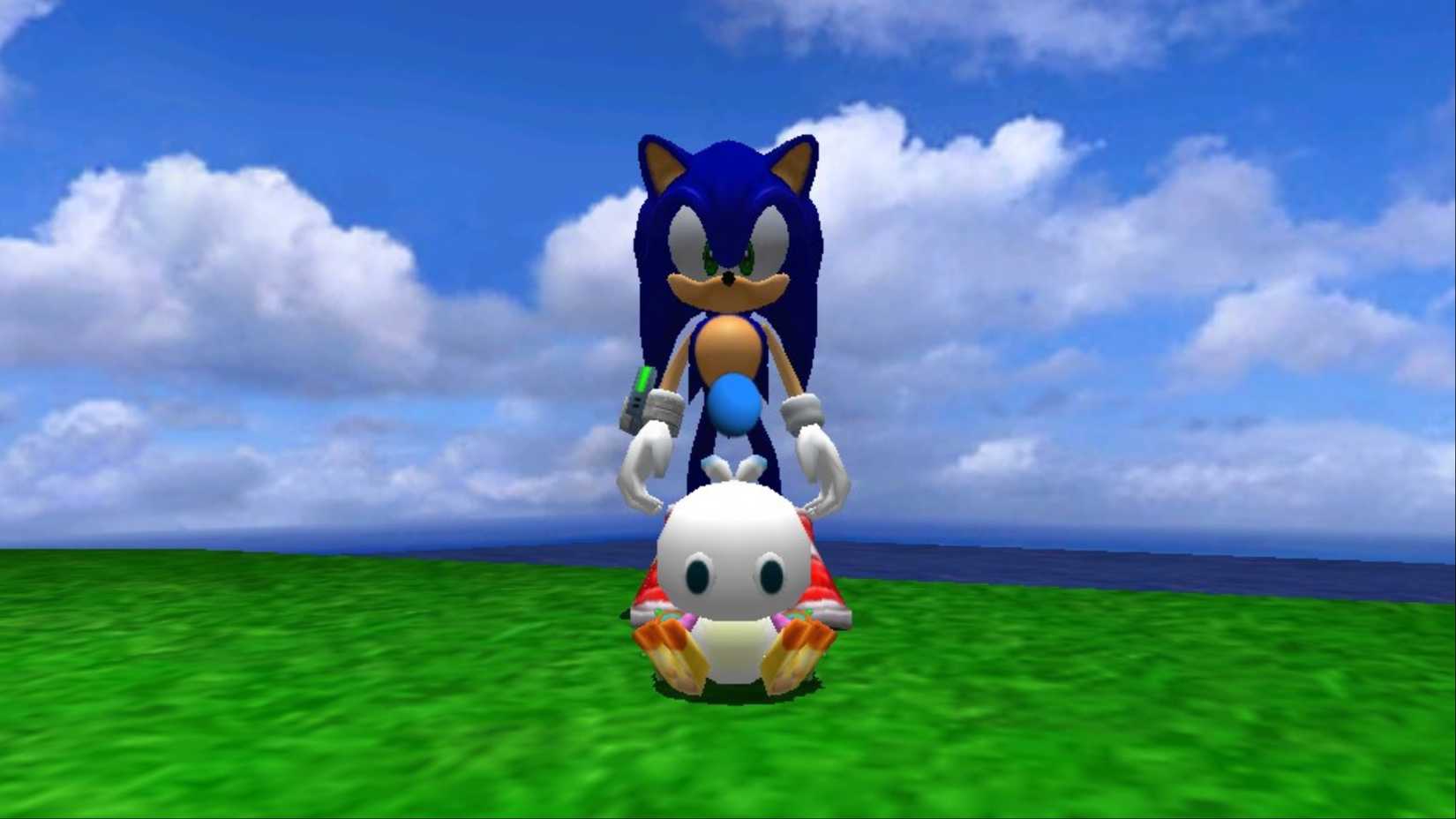 Sonic standing behind the white and pink Chao in the Chao Garden in Sonic Adventure 2: Battle.