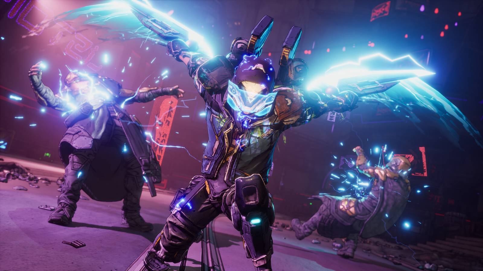 Rafa from Borderlands 4 slicing through two enemies with his blades.
