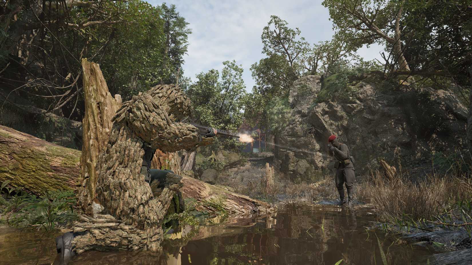 One player in disguise fires at another in Metal Gear Solid Delta - Fox Hunt.