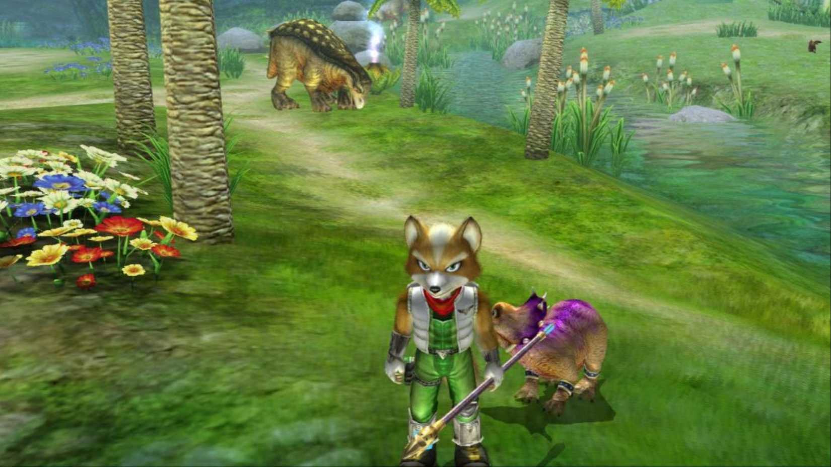 Fox McCloud stands in an open field with Tricky in Star Fox Adventures.