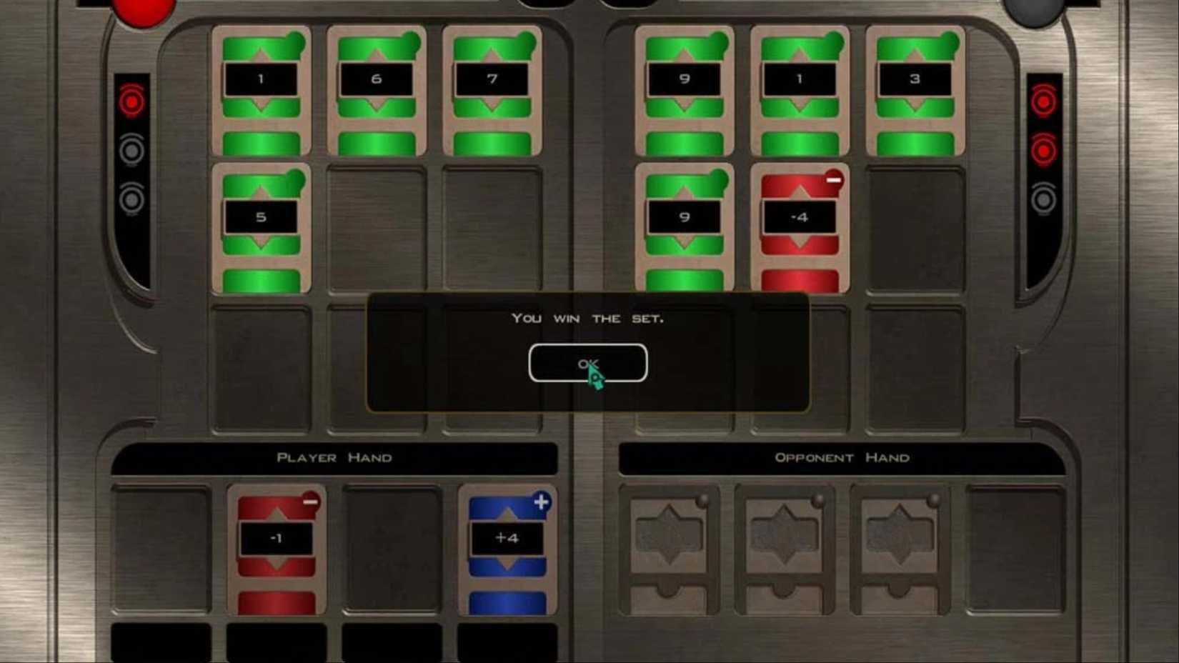 An overview of a winning board of Pazaak, a card-based mini-game in Star Wars: Knights of the Old Republic.