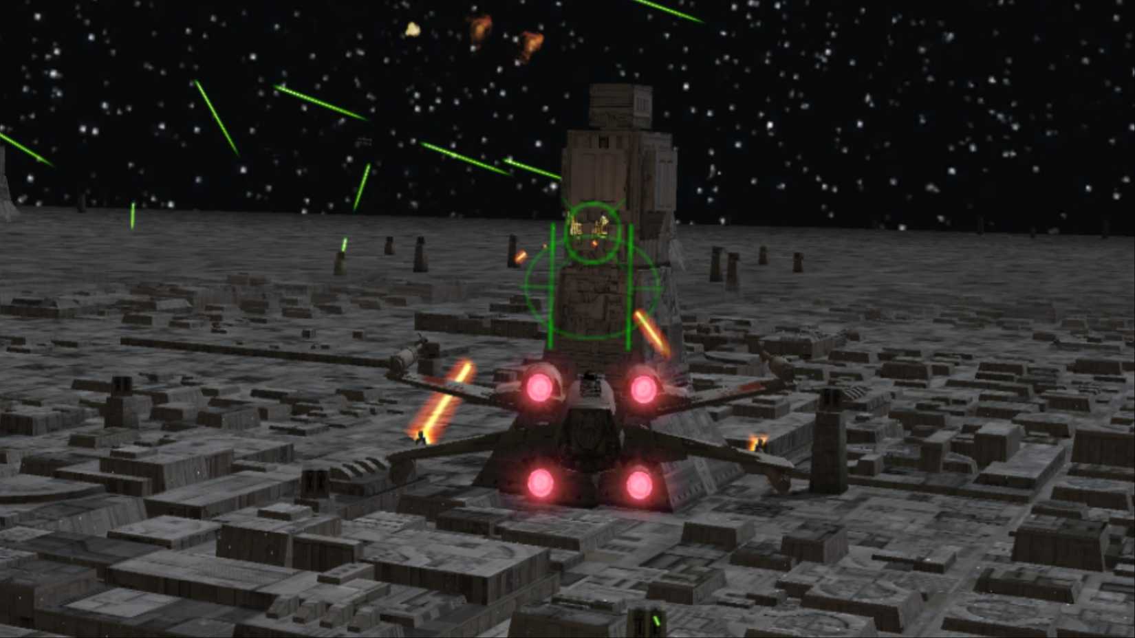 Shooting down enemy spaceships in Star Wars Rogue Squadron 2: Rogue Leader.