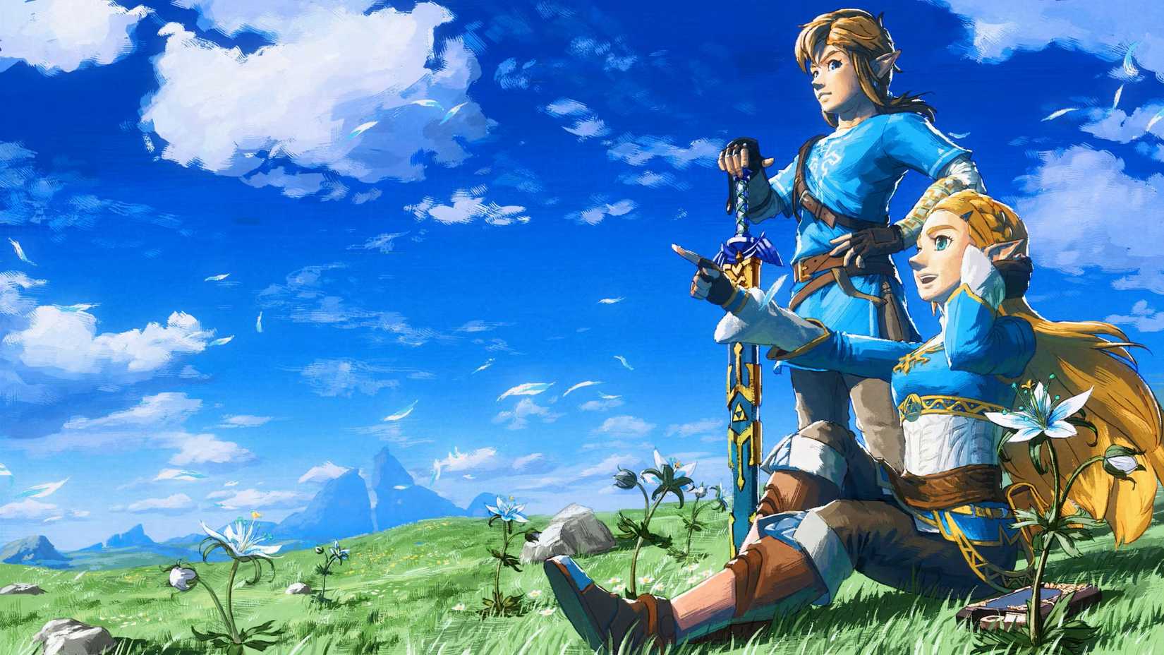 Link and Zelda on a mountain in Breath of the Wild. 