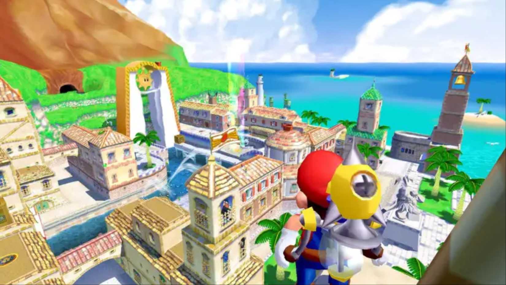 Mario stands on top of a clock tower and looks down on a bright and sunny Isle Delphino in Super Mario Sunshine.