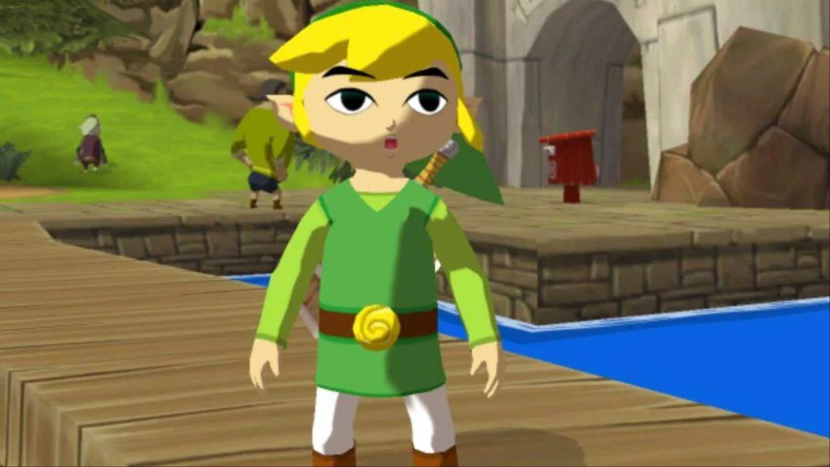 Link stands on the dock with a surprised expression in The Legend of Zelda: The Wind Waker.