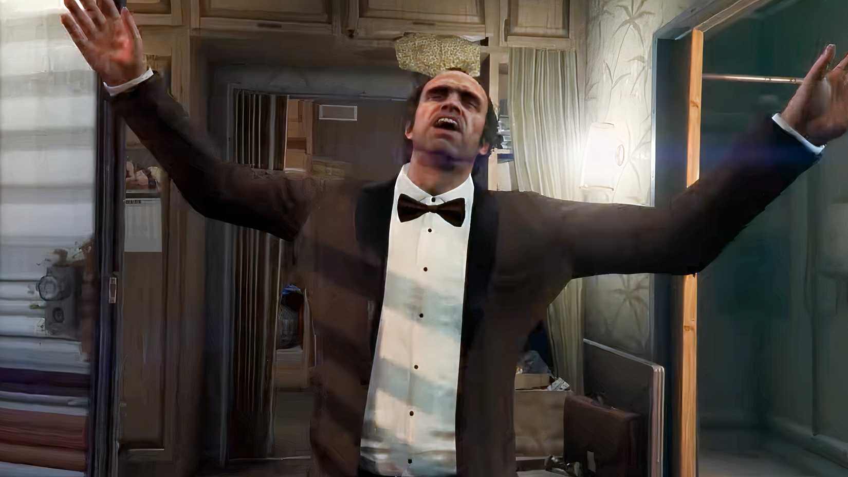 Trevor in a tux looks desperate in gta 5.