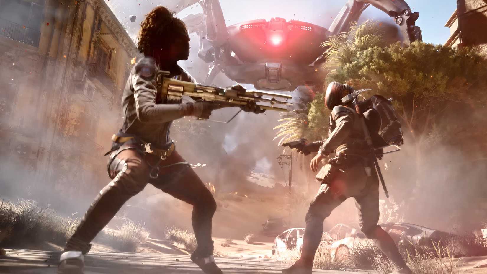 The queen, a giant mechanical spider, overlooks two characters in ARC Raiders.