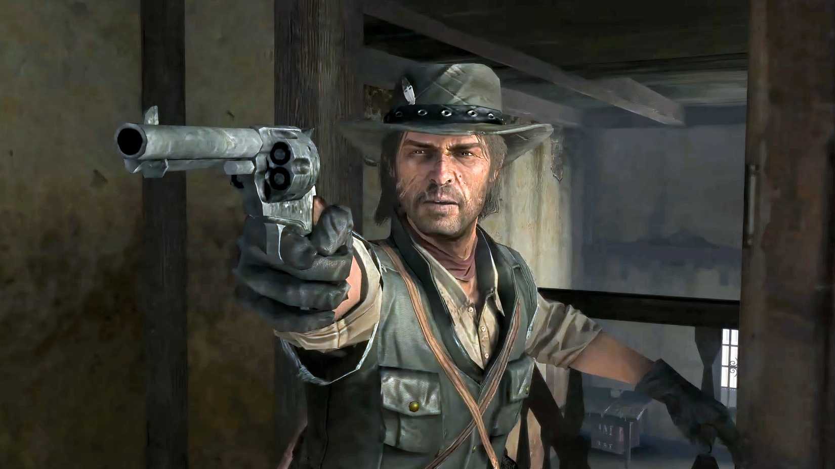 John Marston aims his gun.