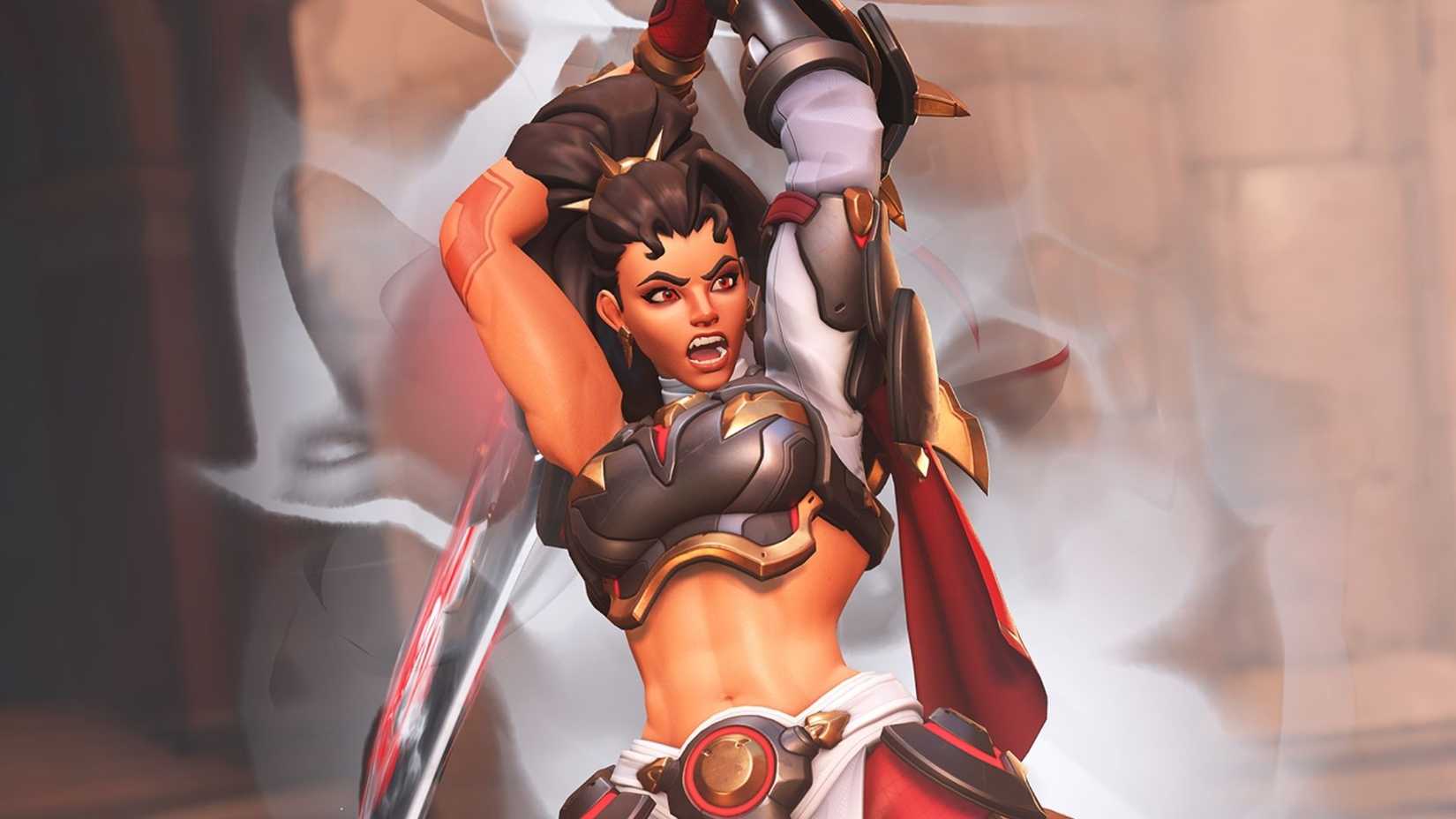 Vendetta swinging her sword high in Overwatch 2.