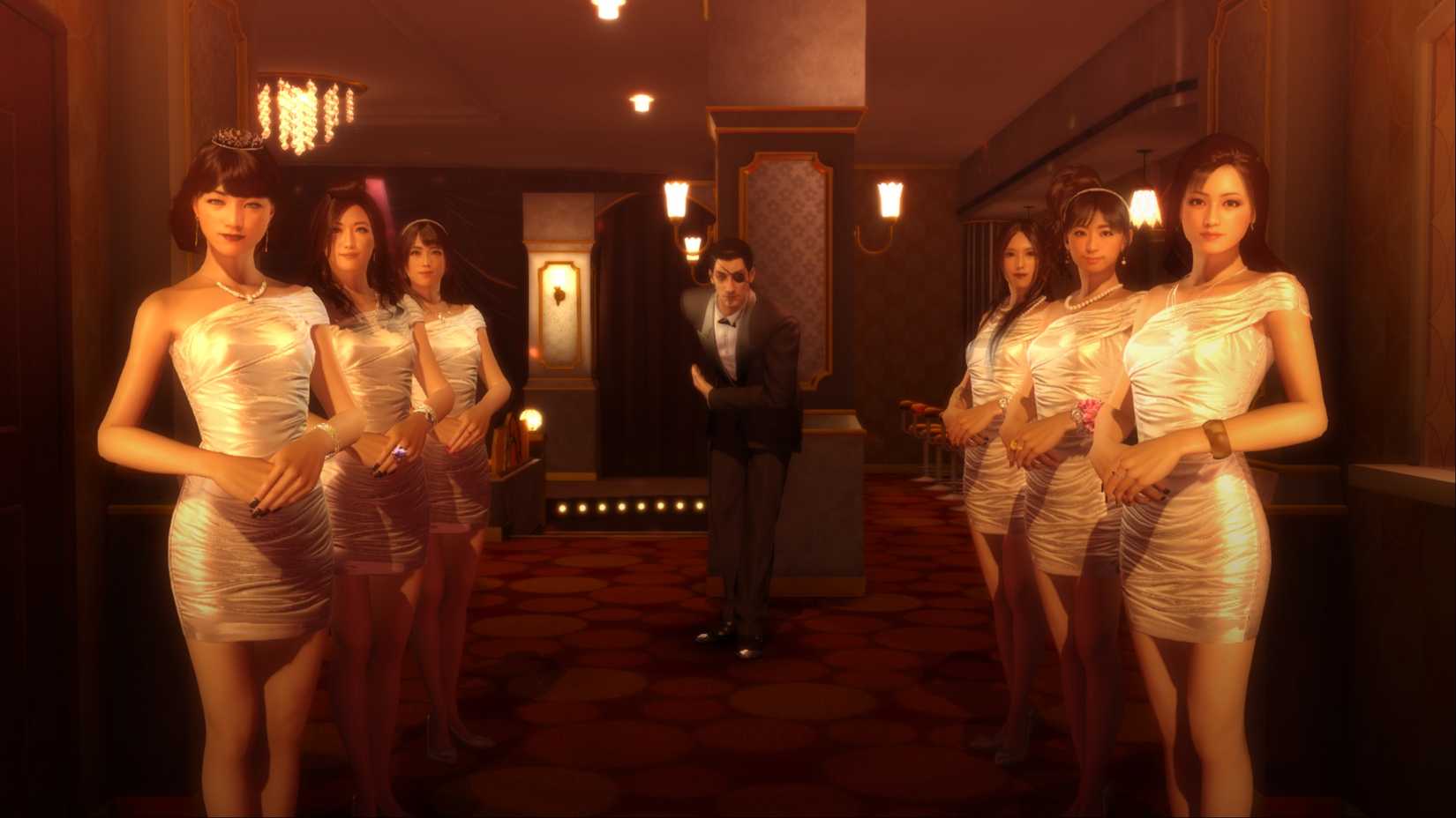 Goro Majima bows to you with a row of hostesses in front of him on either side in Yakuza 0.