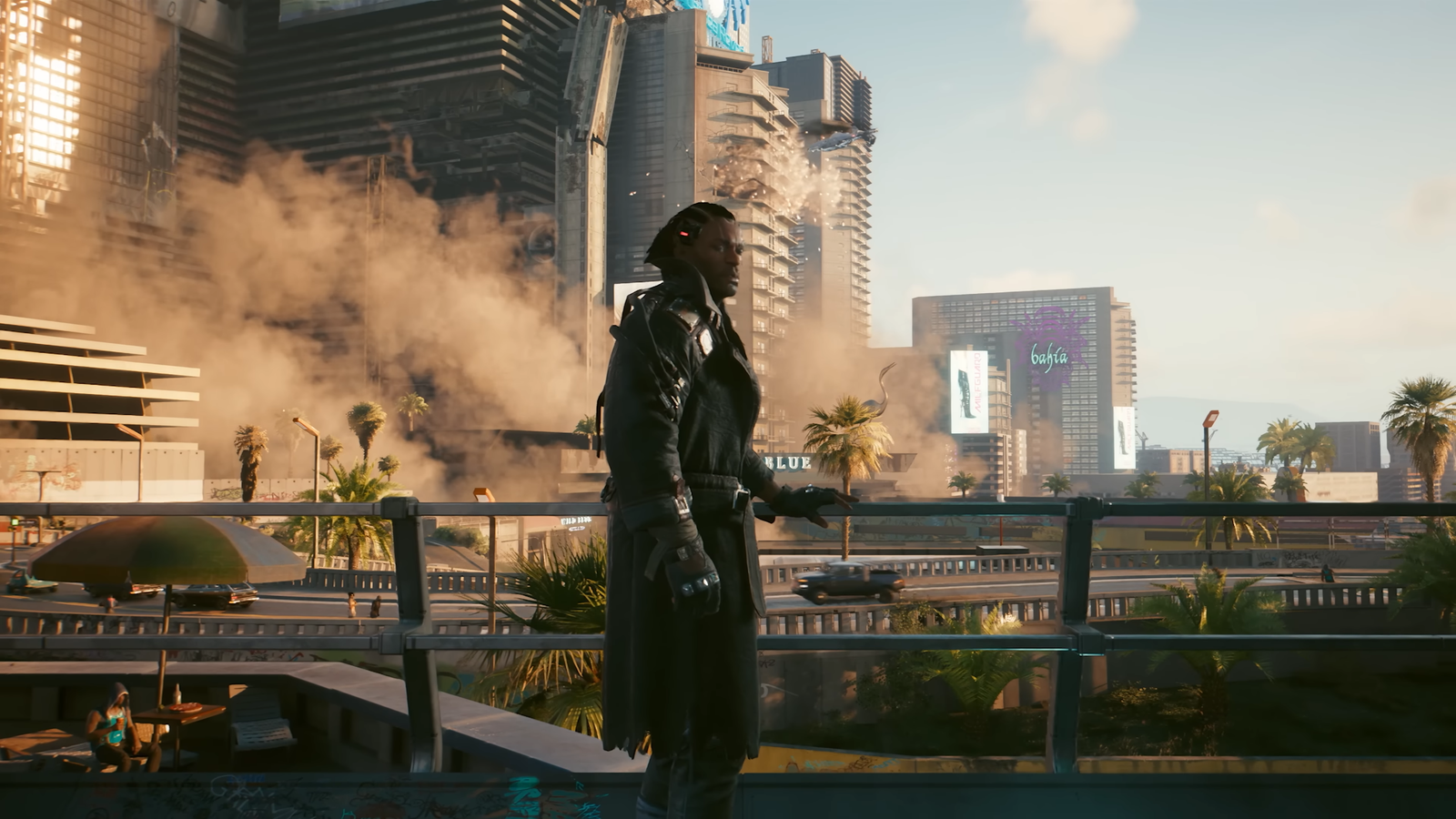 character standing in front of a backdrop of cyberpunk 2077's night city.