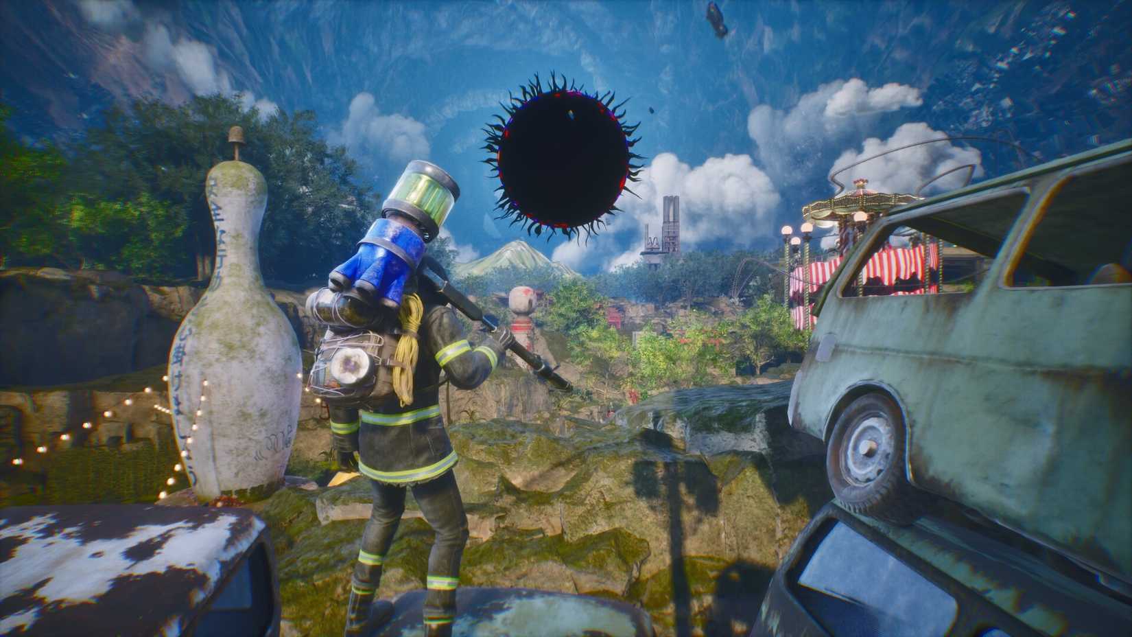 A character holding a weapon in Let it Die Inferno.