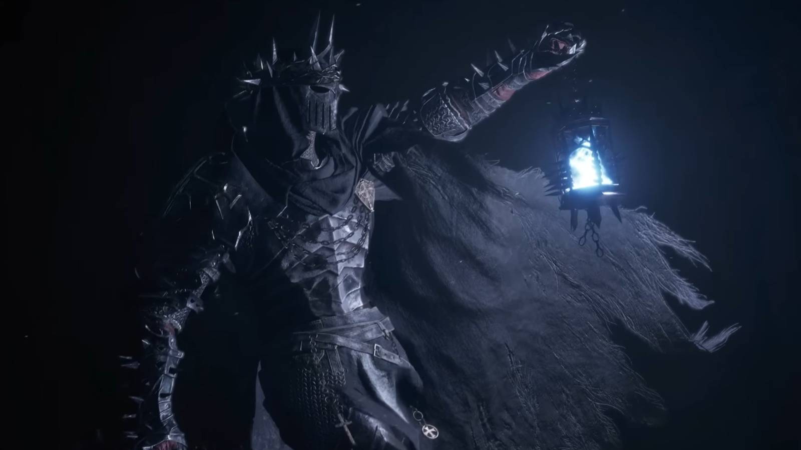 A knight in black armor holding a lantern.