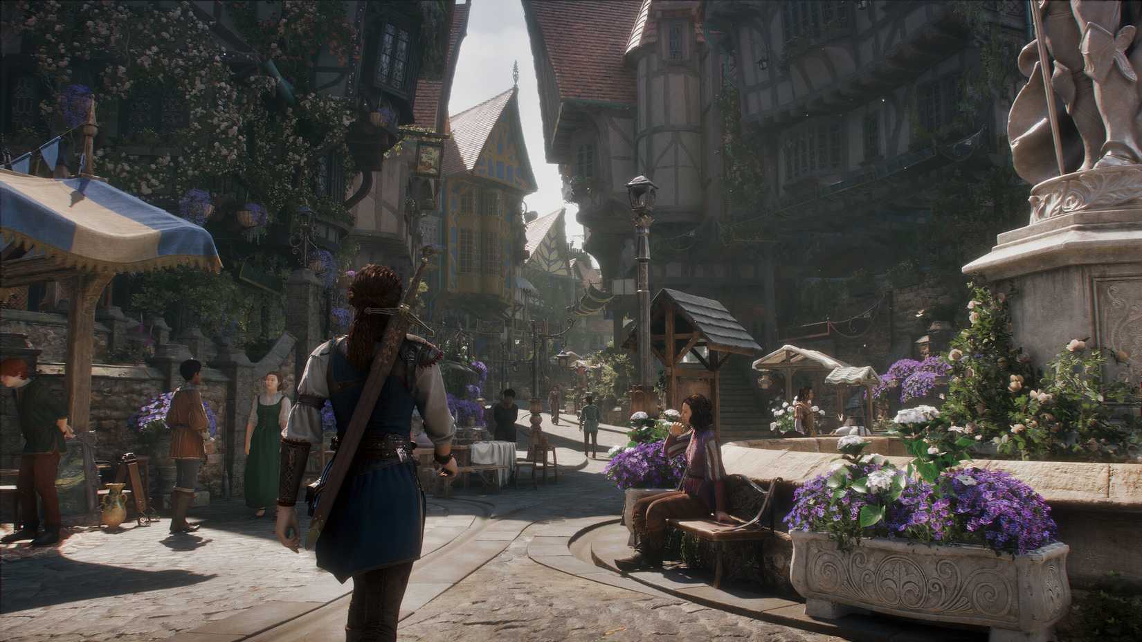 A man walking down a busy street in Fable.