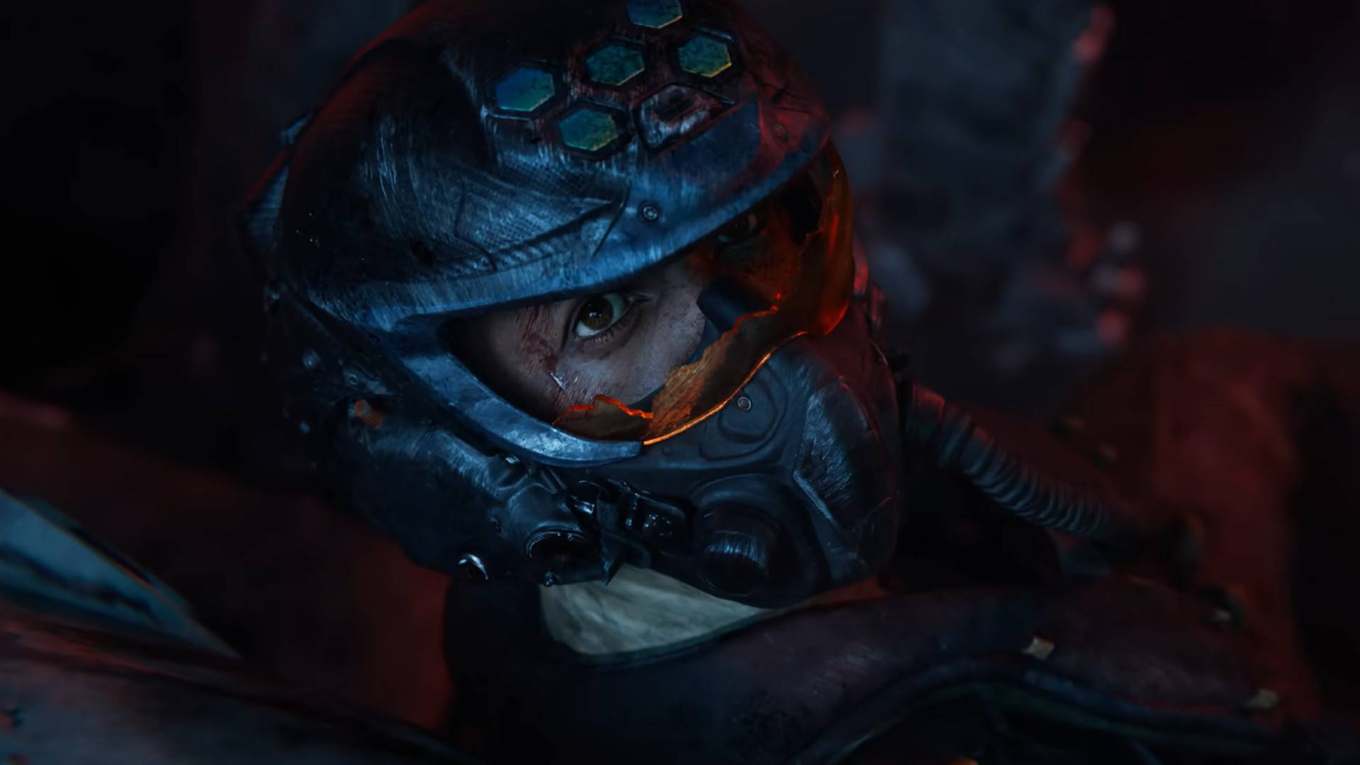 A person in a broken pilot s helmet.