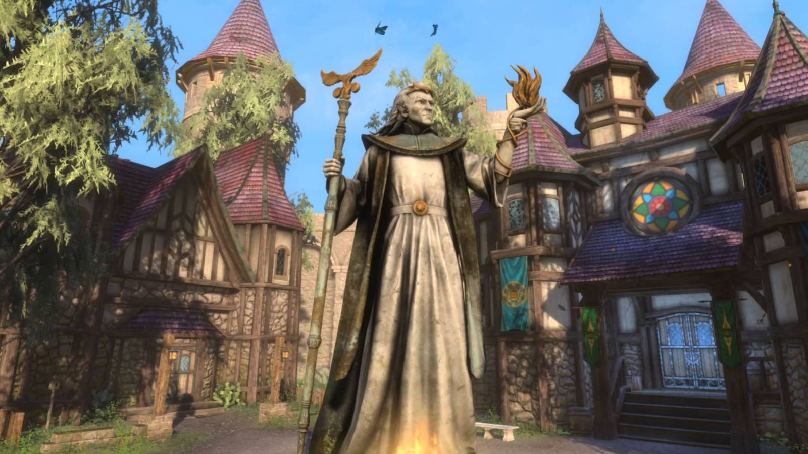A screenshot from Skyblivion, showing a town that has a statue of an elf in the centre.