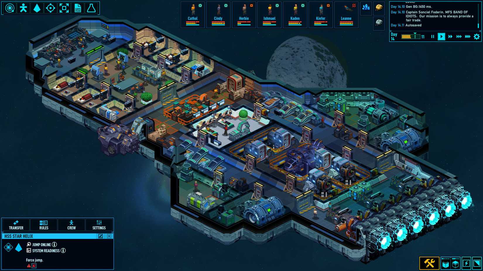A ship full of different rooms in Space Haven.