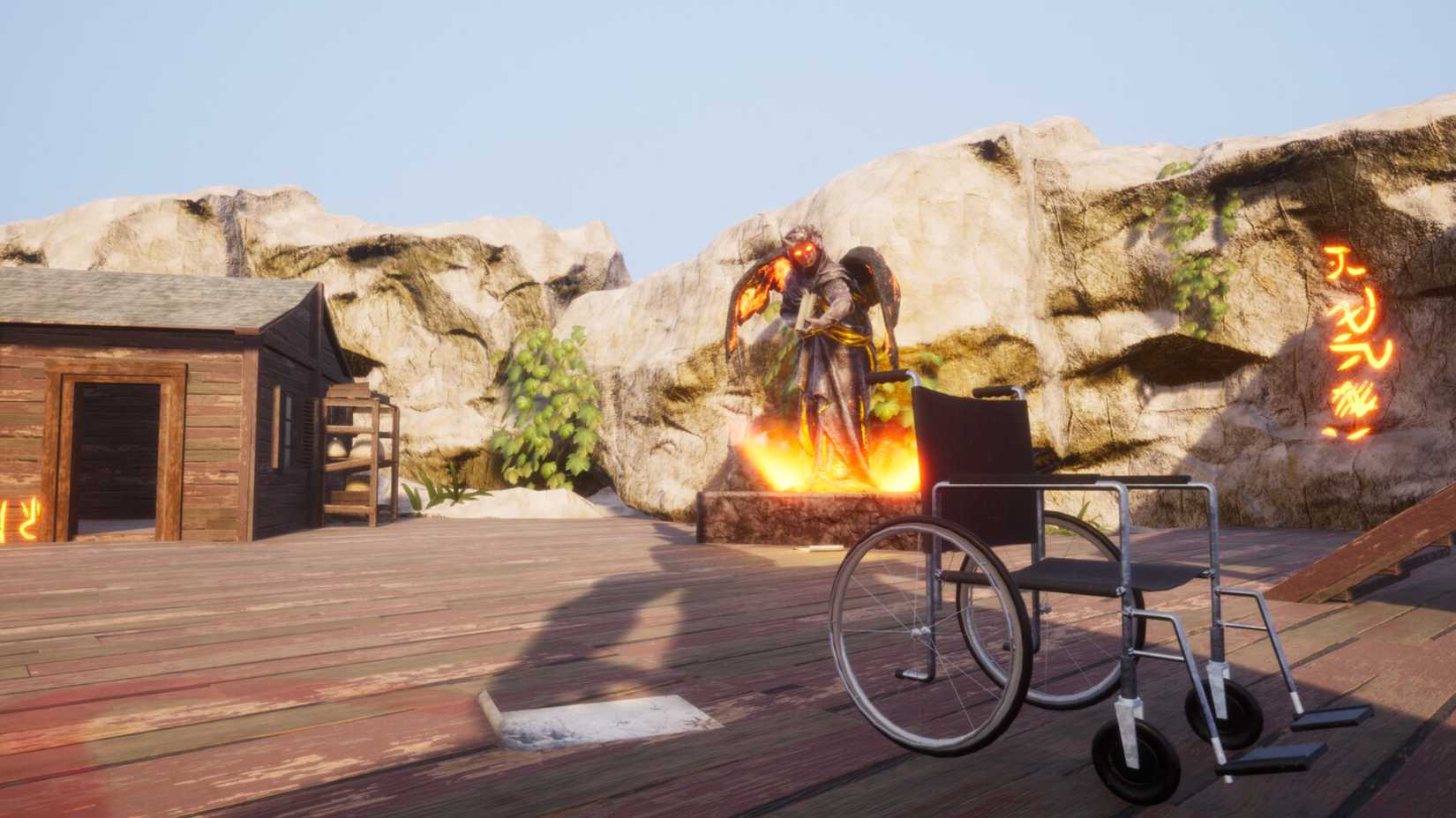 A wheelchair and a statue of an angel on fire.