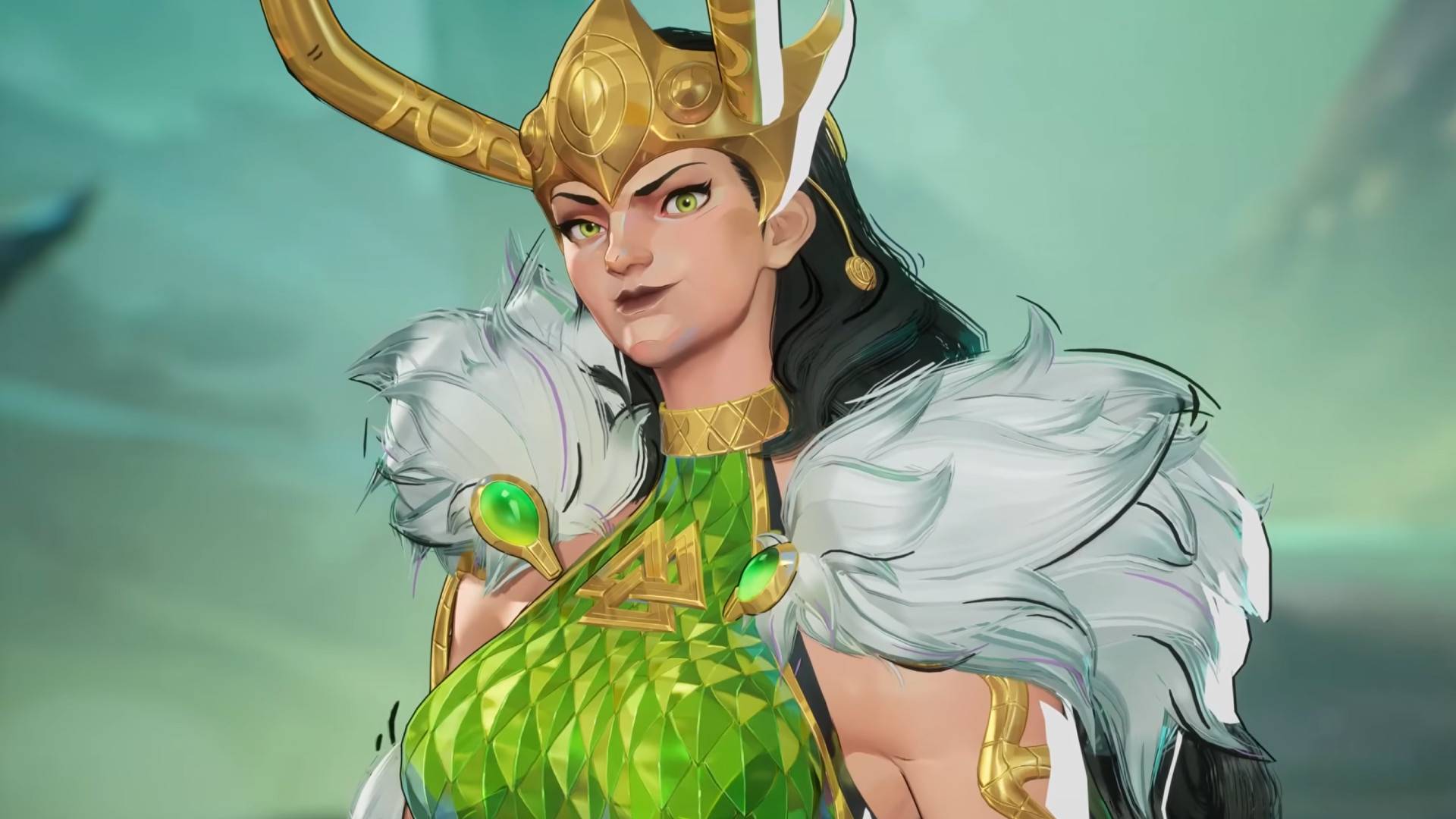 A woman in bright green armor and a golden crown.