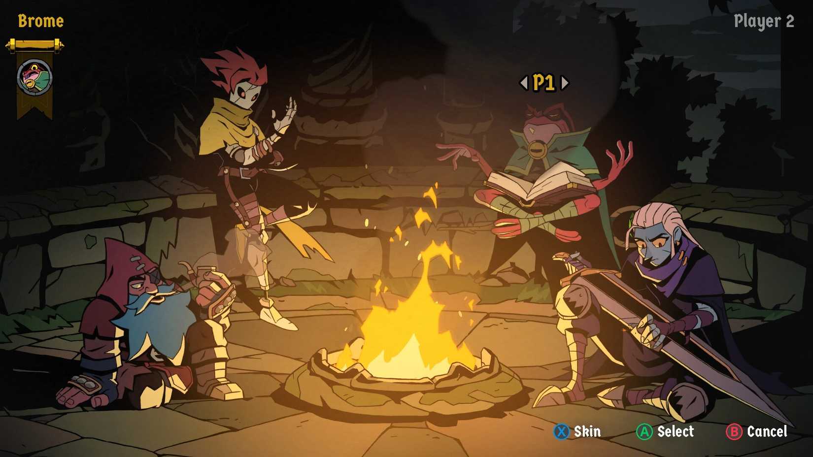 All of the playable characters in Absolum are sitting around a fire.
