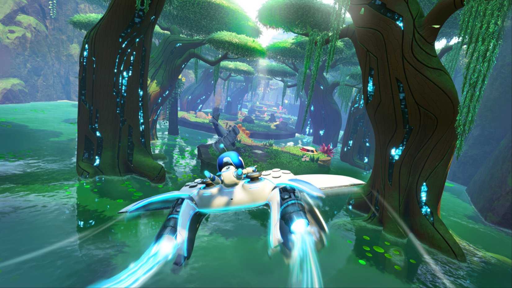Astro Bot gliding through a swampy area on a PlayStation 5 DualSense in Astro Bot.