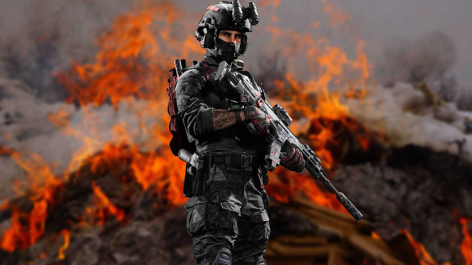 Battlefield 6, asssault character with M433 against firey background.