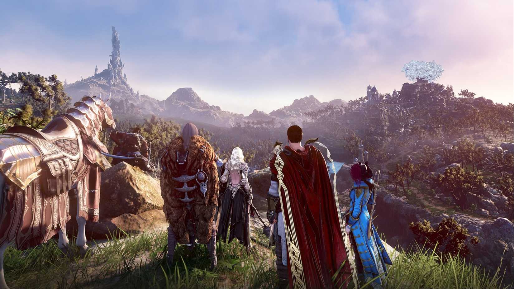 A full party standing on a hill overlooking the vast, sprawling world of Black Desert Online.