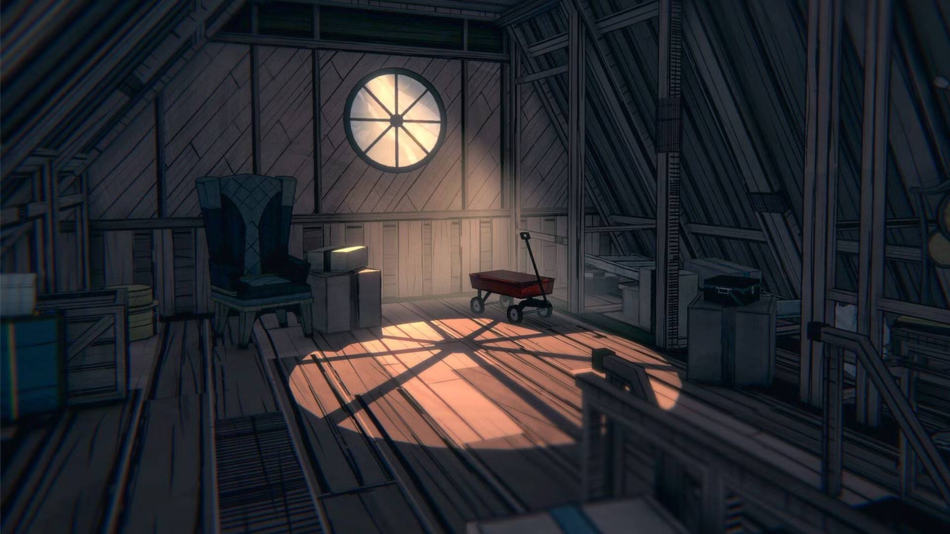 An attic in Blue Prince with sunlight coming through a circular window. 