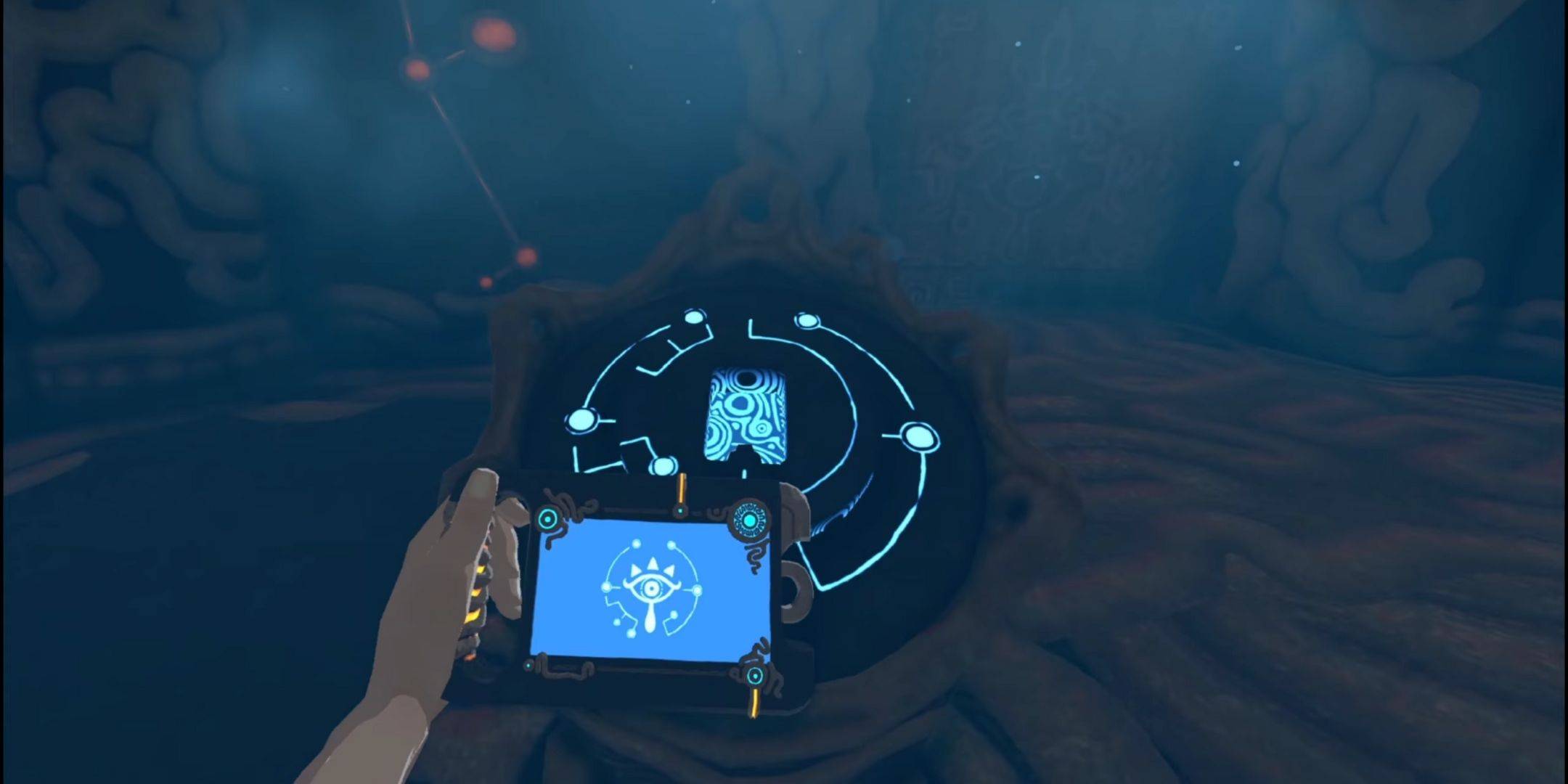 Link looking at his Sheikah Slate in a VR mod for Breath of the Wild.
