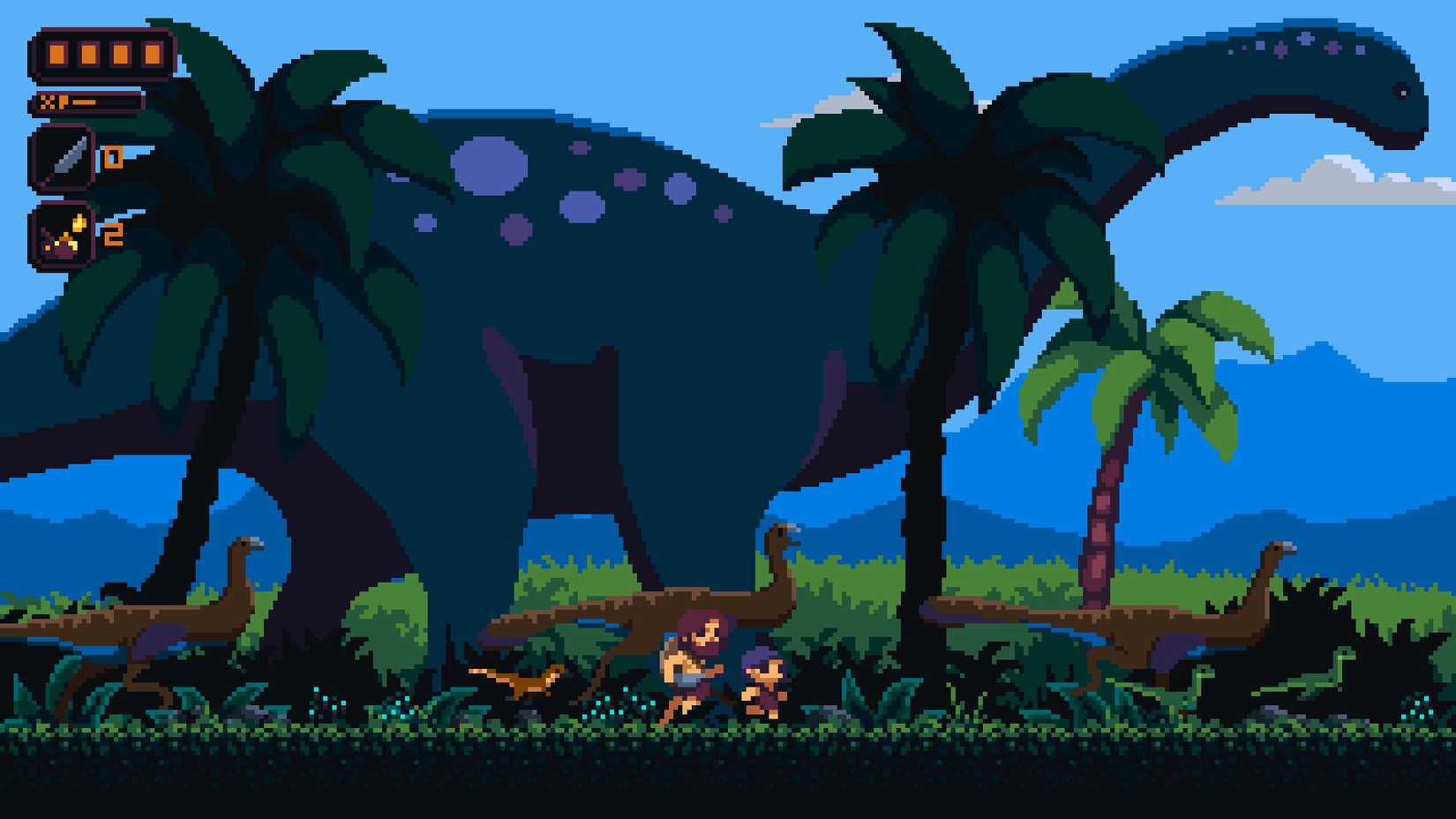 Cave dweller and a child running with a dinosaur in the background in Primal Planet.