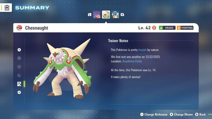 Chesnaught in the Pokedex in Pokemon Legends Z-A.