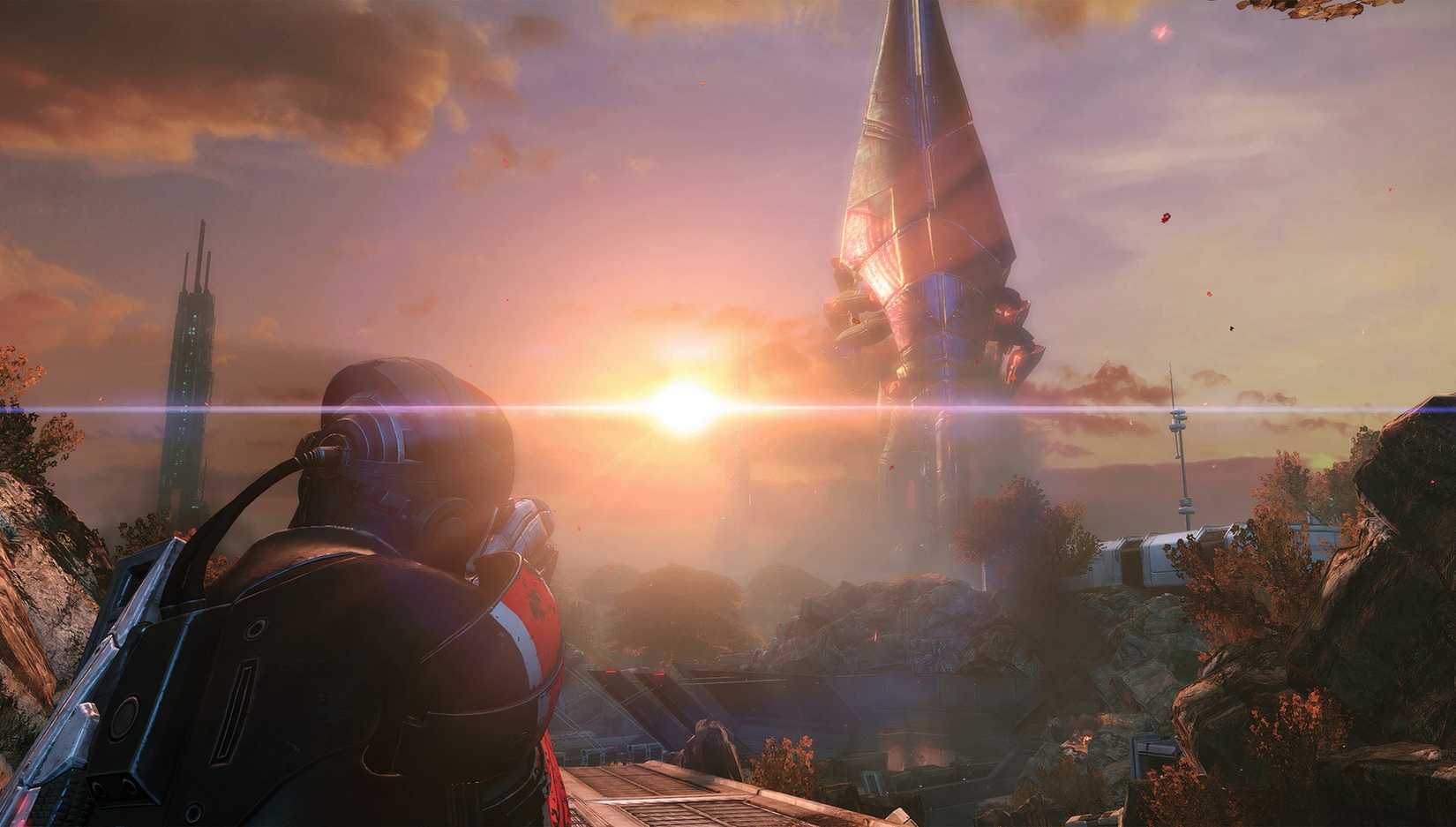 Commander Shepard targeting the Reapers in Mass Effect Legendary Edition.