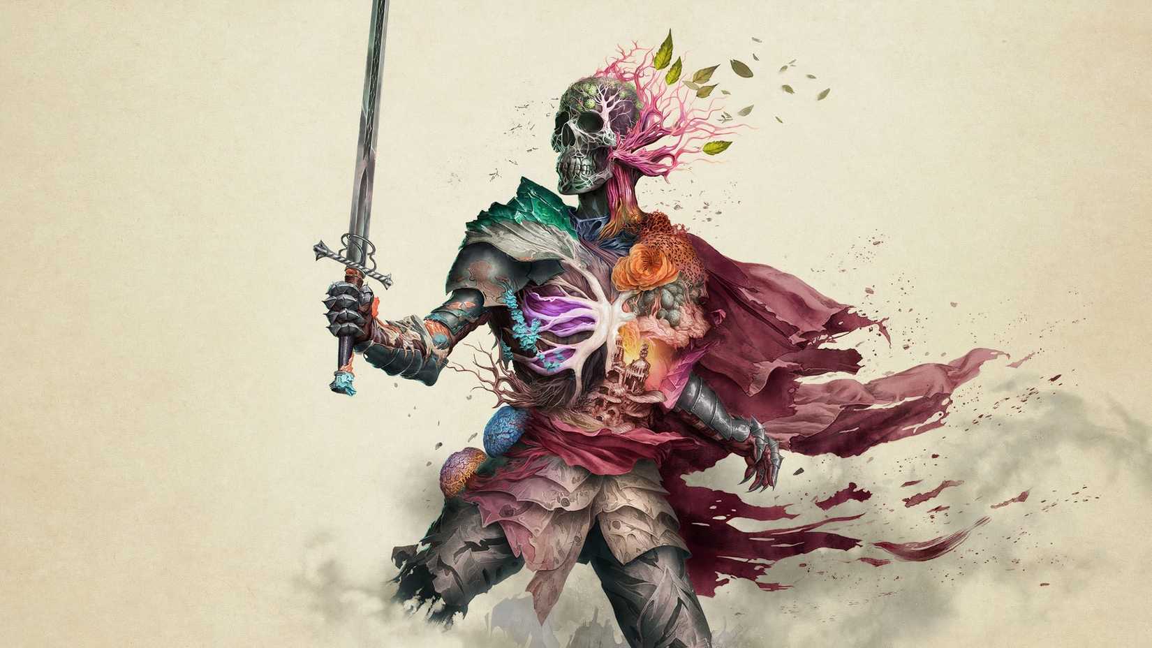 Cover art for Avowed with a skeleton warrior holding a sword on a beige background-1