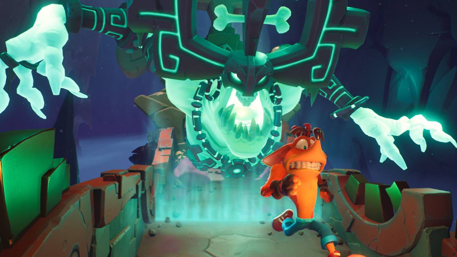 Crash being chased by a boss in Crash Bandicoot 4: It's About Time.
