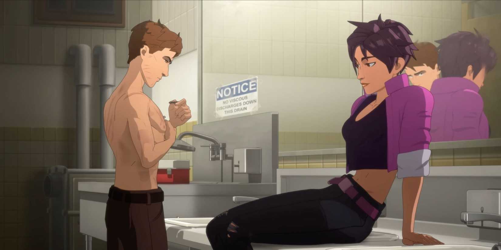 Robert and Invisigal flirting in the bathroom in Dispatch.