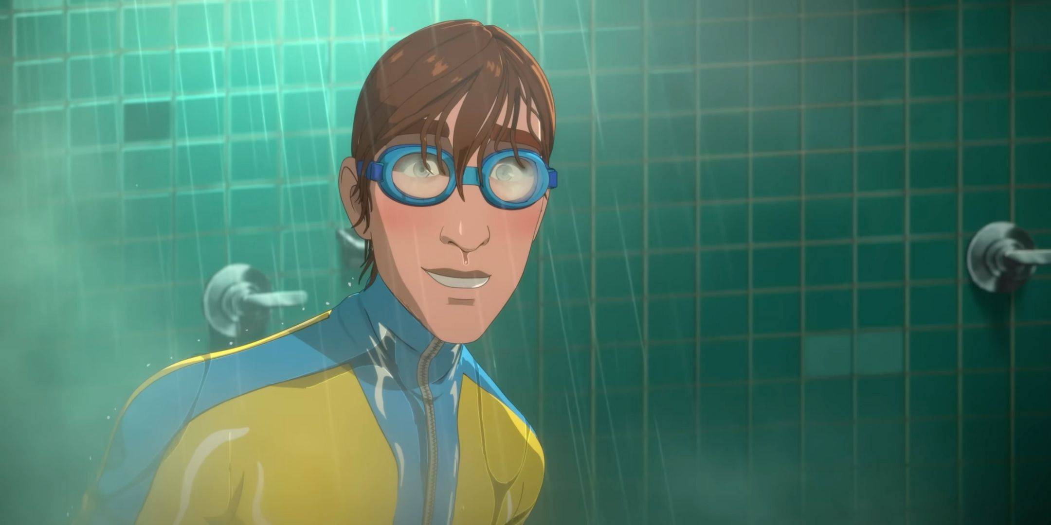 Waterboy smiling in the shower in Dispatch.