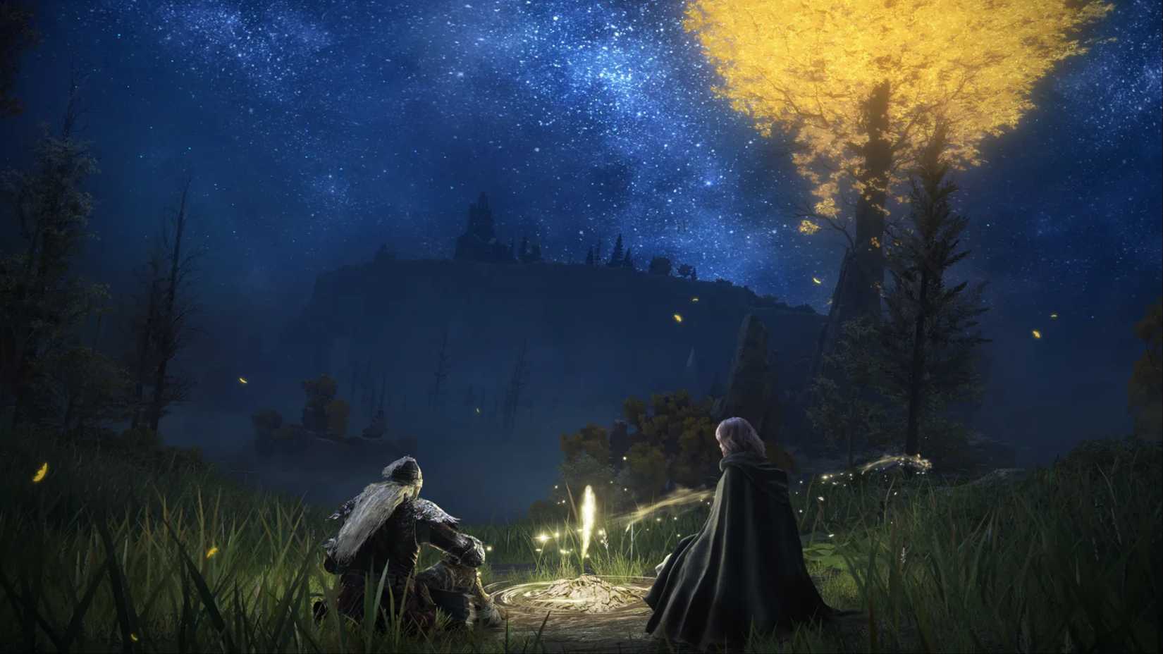 The Tarnished sitting next to Melina at a Site of Grace underneath the night sky in Elden Ring.