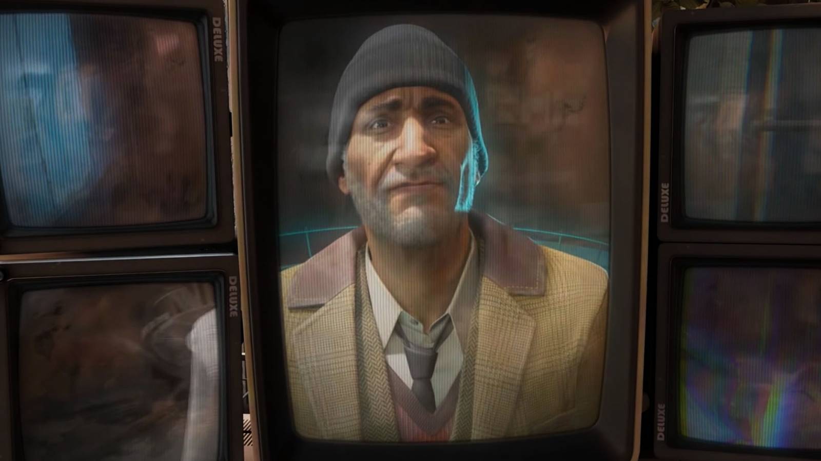 Eli Vance appearing through several monitors in Half-Life Alyx.