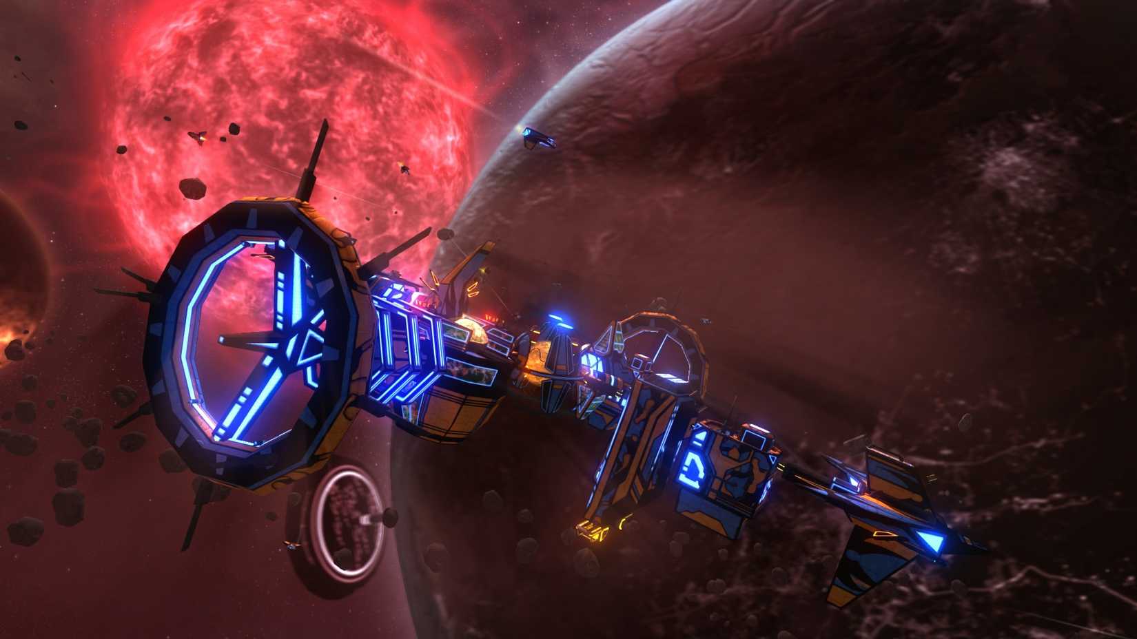 Fancy yellow and blue off-planet ship in Space Pirates and Zombies 2.