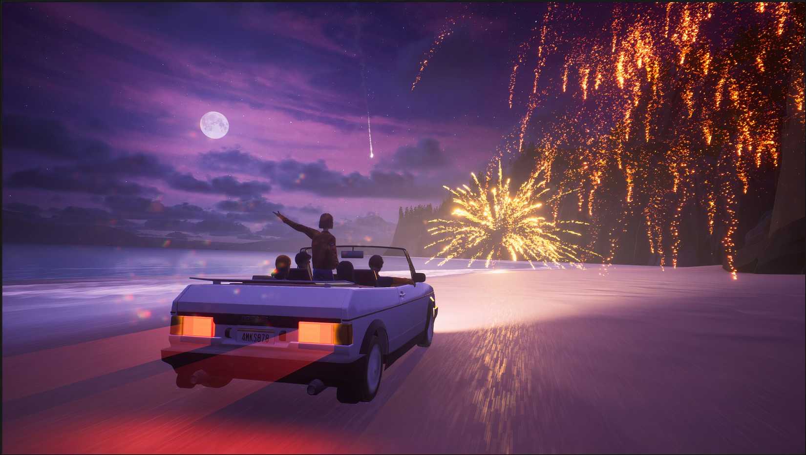 Four friends in a car in the mixtape drive towards fireworks.