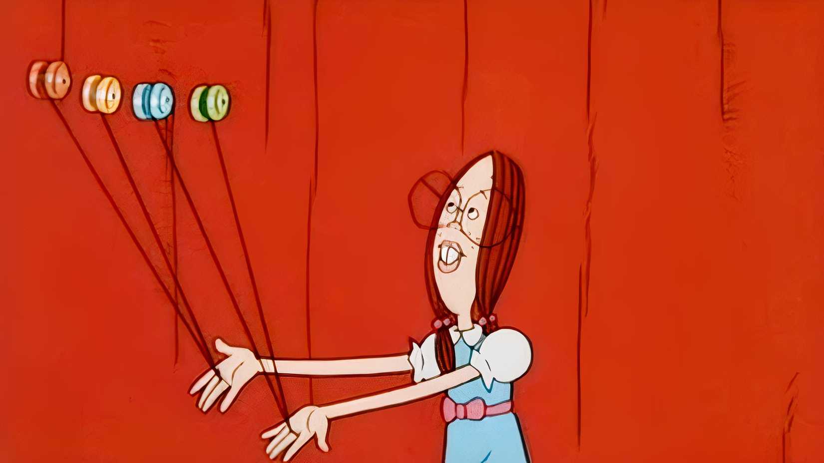 Gretchen from Recess spins four yoyos at once in front of a red curtain.