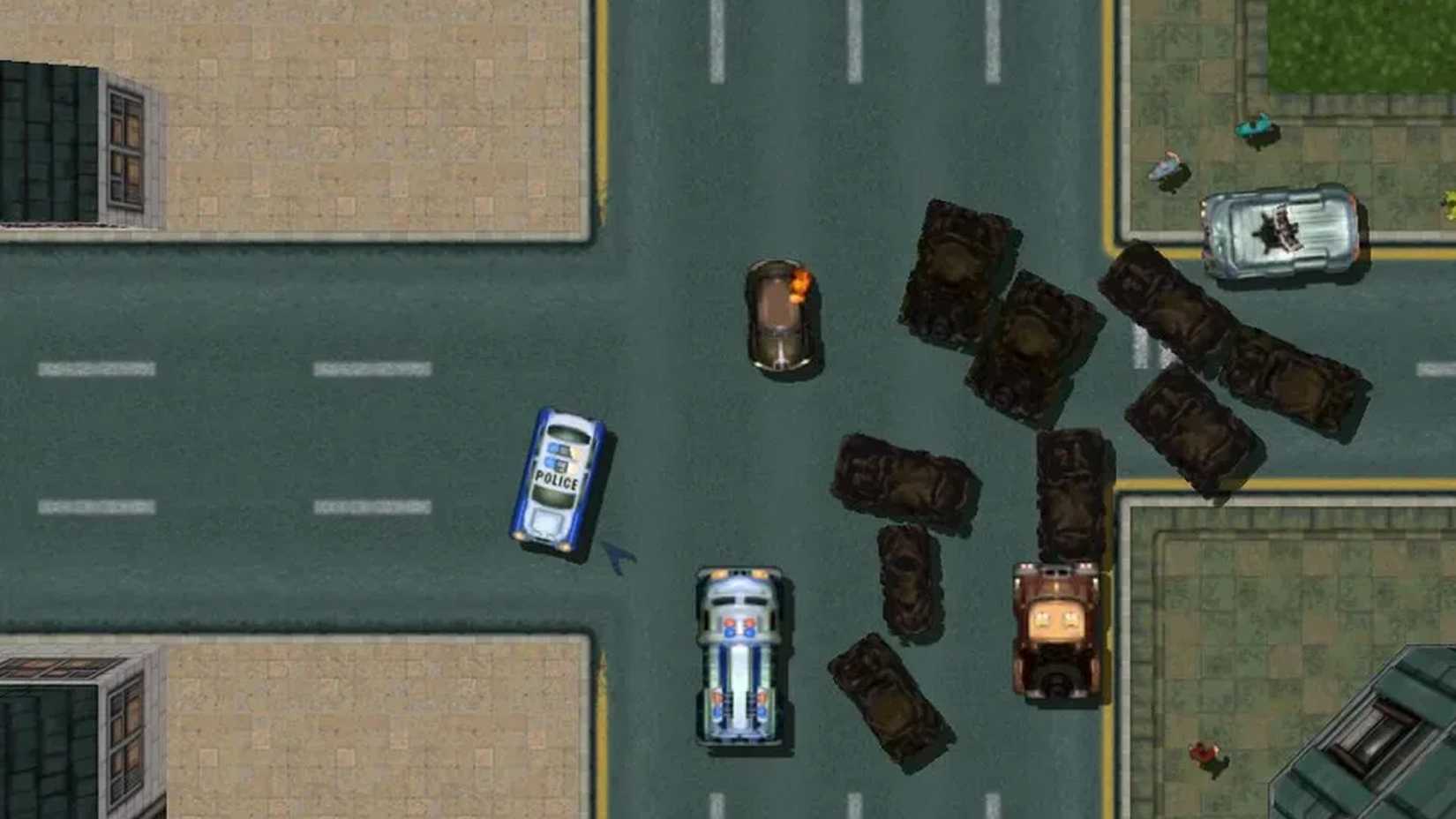 GTA 2 police crowding around the player.