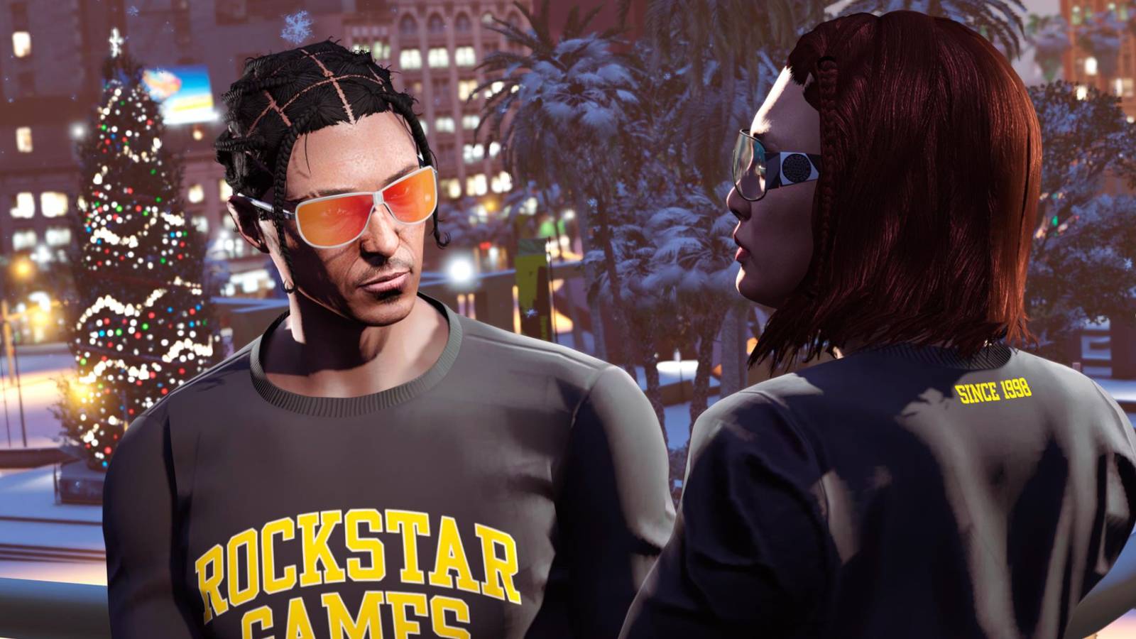 Two GTA Online players in Christmas gear.