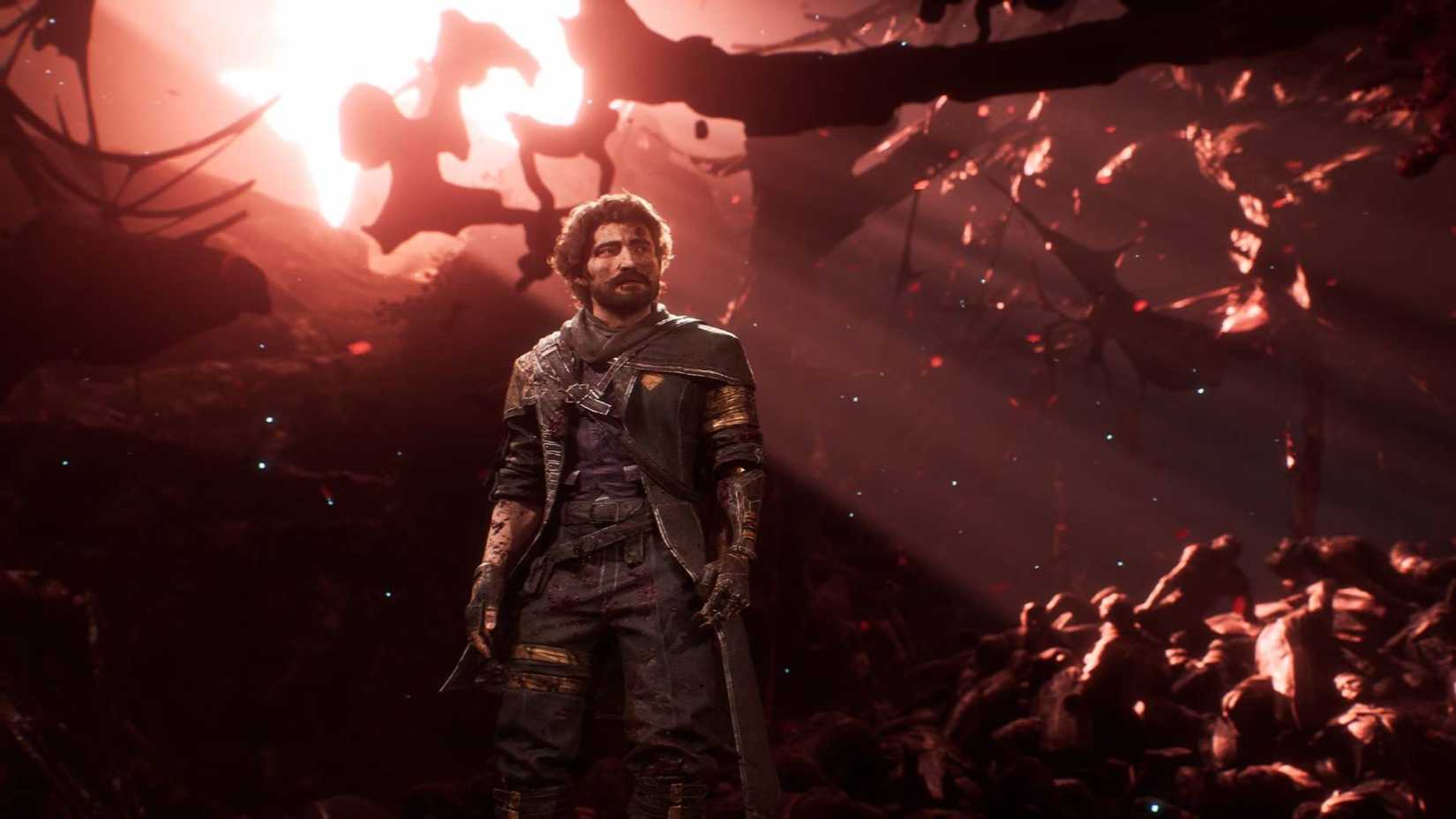 gustave surrounded by piles of bodies in darkened brightness.