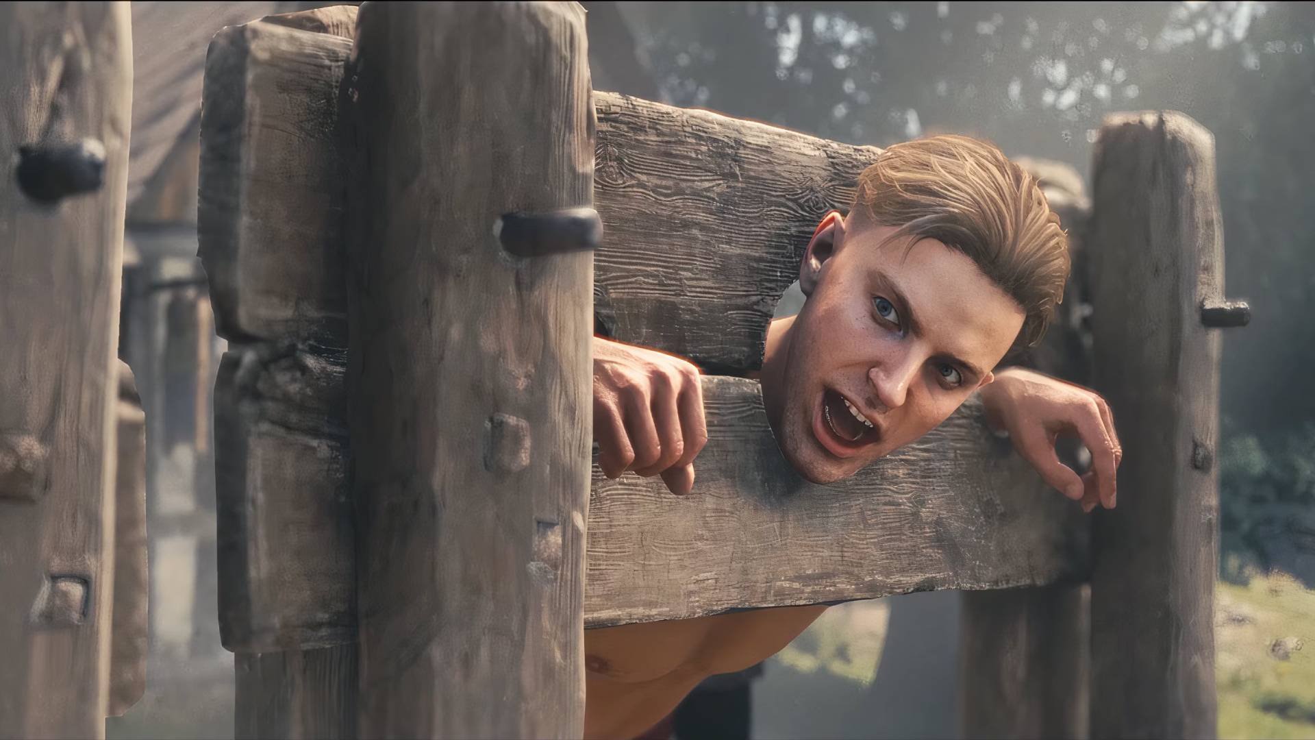 hans capon shouting in the stocks in kingdom come deliverance 2.