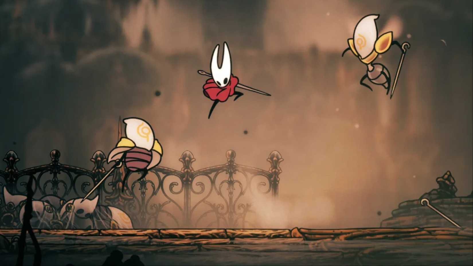 Hornet squaring off against a Reed and Choristor in Hollow Knight: Silksong.