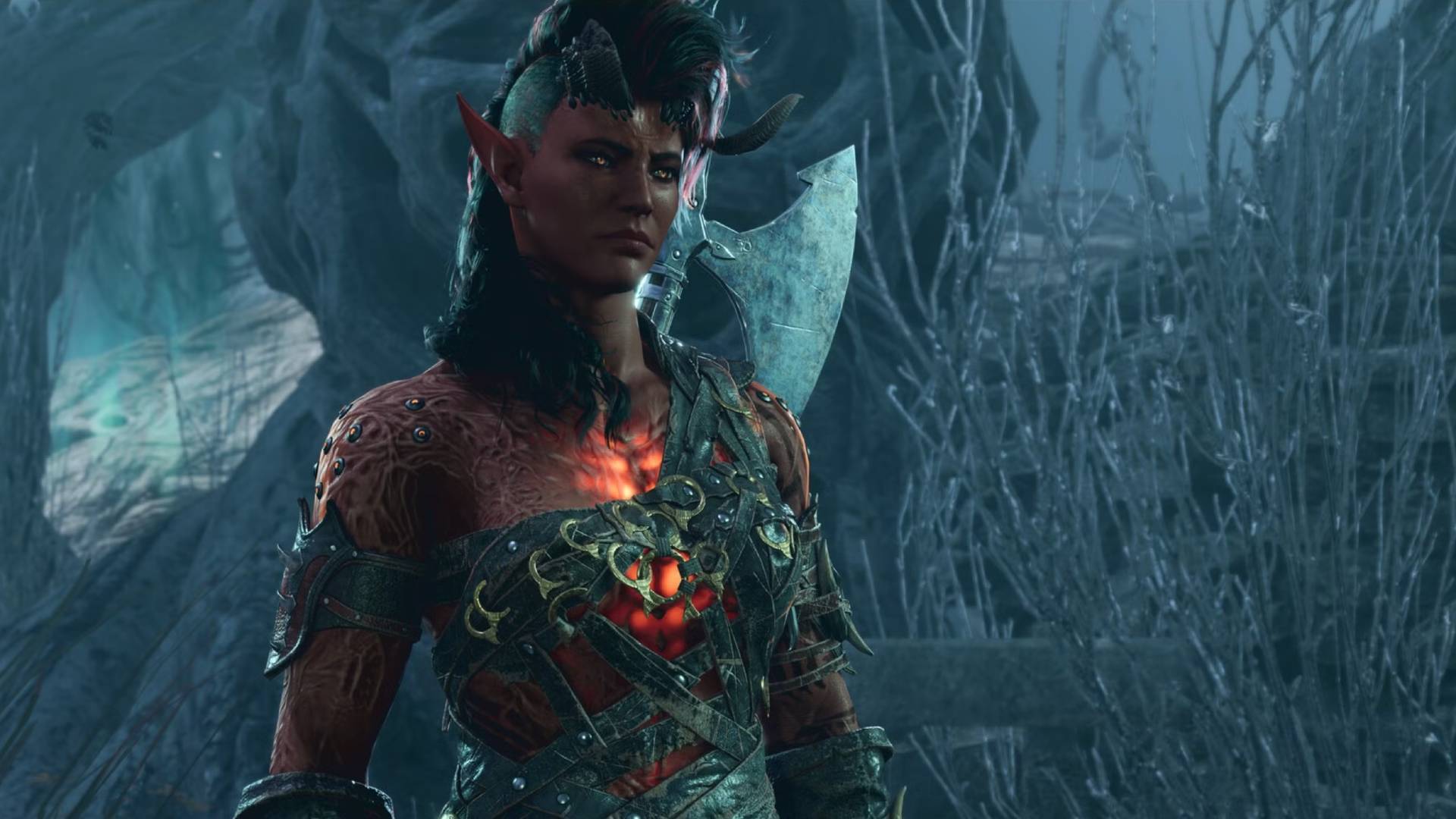 An image of Karlach from Baldur s Gate 3 with an axe on her back.