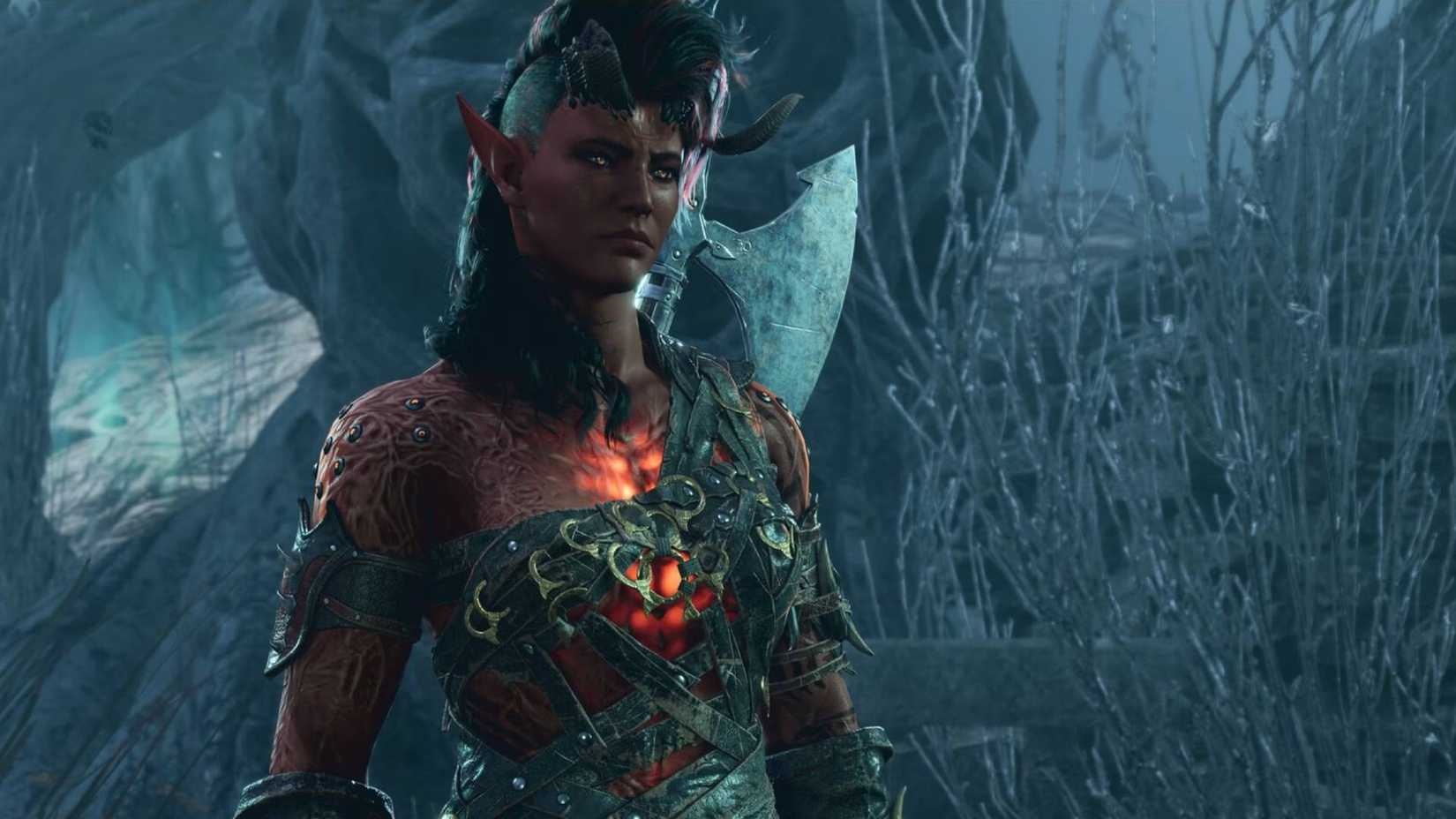 An image of Karlach from Baldur's Gate 3 with an axe on her back.
